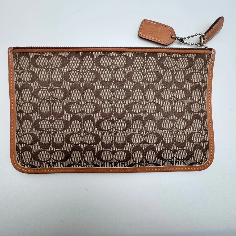 Vintage Coach Y2K Signature Jacquard Zip Pouch Brown Khaki Leather Trim Hangtag